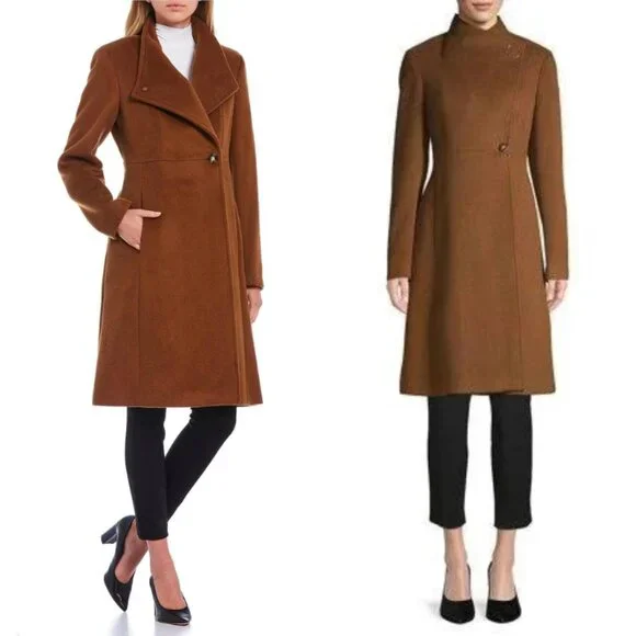 NWT Calvin Klein Asymmetrical Stand Collar Wool-Blend Coat Spice